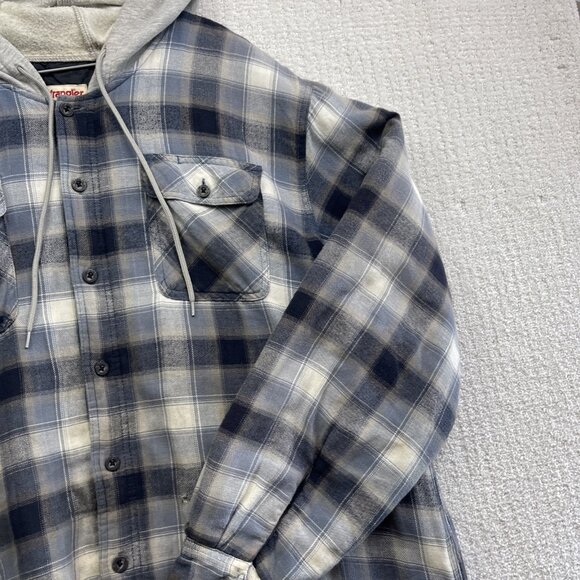Wrangler Hooded Flannel Quilted Lined Shirt Jacket Men’s 2XL Blue Button Up - Picture 4 of 16
